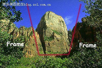 图D·树枝形成天然画框使山岩更为突出