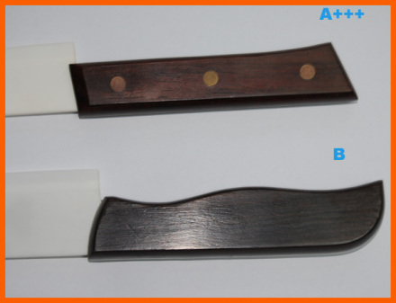 例-正品陶瓷刀木柄上装有铆钉，比次品牢固