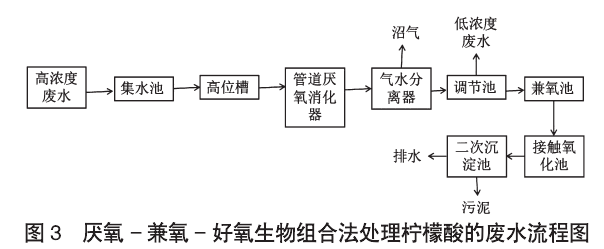 图3厌氧 - 兼氧 - 好氧生物组合法处理柠檬酸的废水流程图