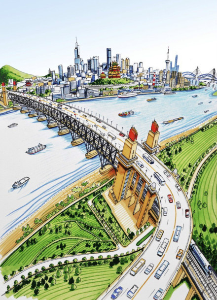 手绘南京长江大桥