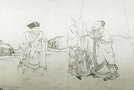 画的最右端是白莲社社主慧远大师，他站在虎溪桥旁，与“老友”陆 