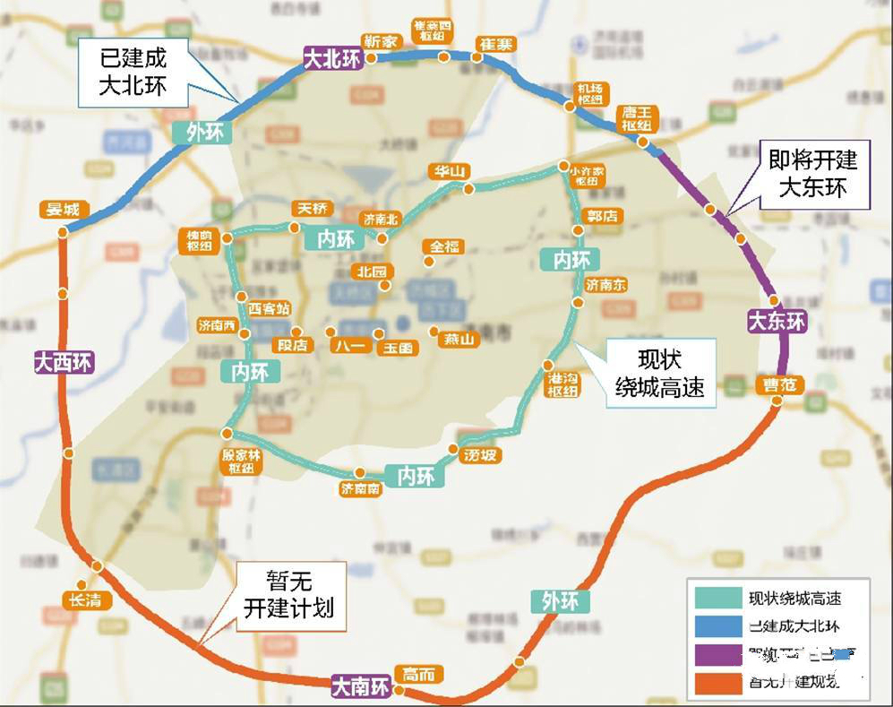 济南市的绕城高速公路线路（G2001大部构成内环）