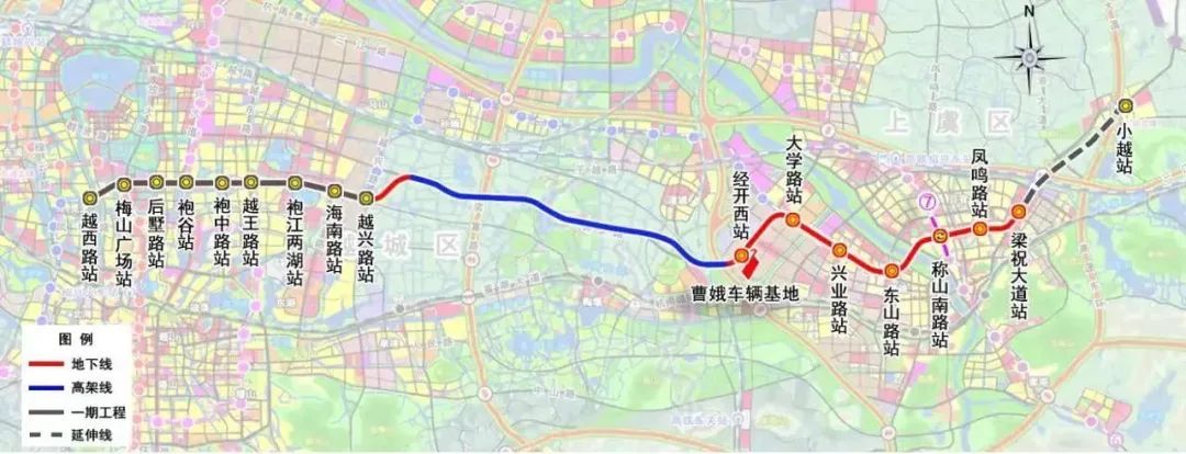 绍兴轨道交通2号线一期、二期工程线路走向图