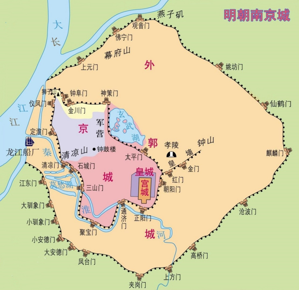 南京城墙及城门的分布位置示意图