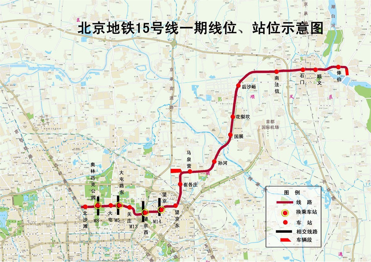 北京地铁15号线北沙滩站至俸伯站线路走向图 