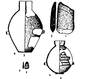 出土文物图：石斧、绿松石、陶壶